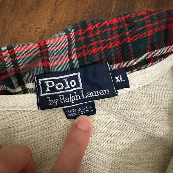 Vintage POLO RALPH LAUREN L/S Pony Polo Shirt w Plaid Collar USA MADE - Picture 5 of 7